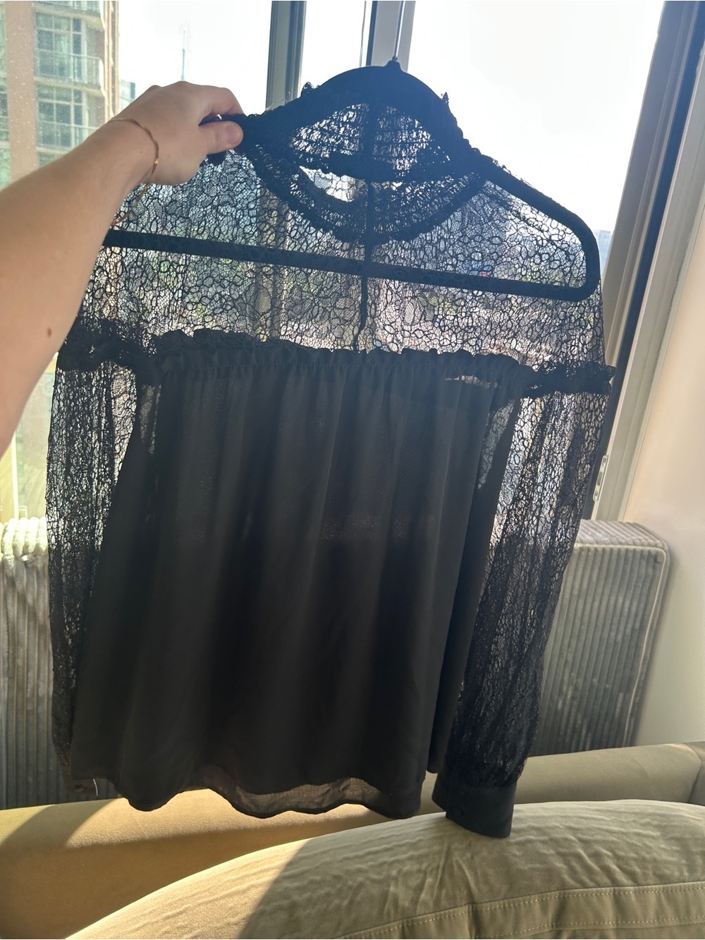 Reitmans Black Lace Off-Shoulder Blouse with Sheer Sleeves